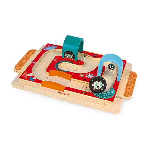 Janod - J08056 - Circuito de rali con diseño de erizo, juguete educativo de madera para manipulación y habilidades motrices para niños a partir de 18 meses
