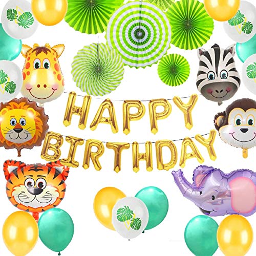 JeVenis Set de 23 animales de la selva Decoraciones de feliz cumpleaños Tema de la selva Decoración del primer cumpleaños Globos de animales de la selva