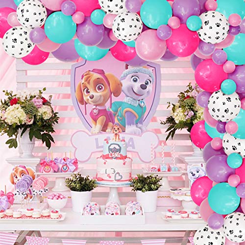 JOYMEMO Paw Patrol Balloon Garland para niñas, Estampado de Pata de Perro, Globos de Color Rosa púrpura Blanco para cumpleaños, Suministros para Fiestas de Baby Shower
