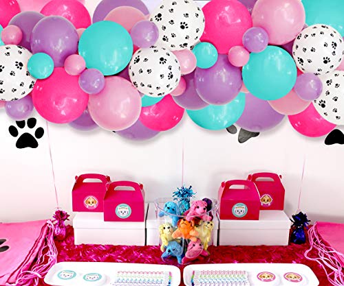 JOYMEMO Paw Patrol Balloon Garland para niñas, Estampado de Pata de Perro, Globos de Color Rosa púrpura Blanco para cumpleaños, Suministros para Fiestas de Baby Shower