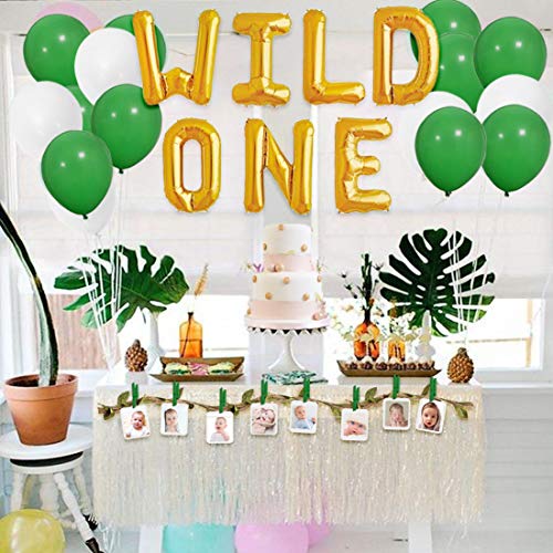 JOYMEMO Wild One Birthday Decorations for Boys y First Birthday Party Supplies Green and Gold con 2 Metros de Cordel con Hojas y Clips de Fotos de Madera