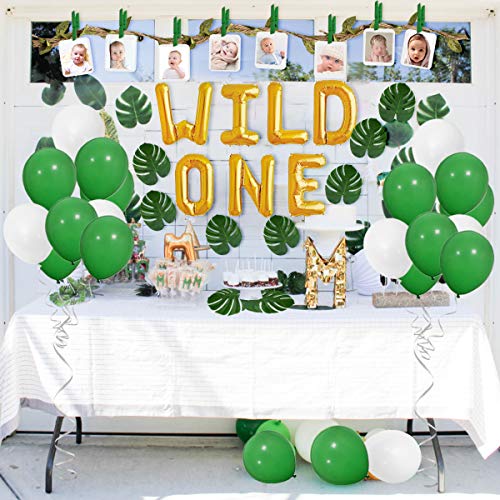 JOYMEMO Wild One Birthday Decorations for Boys y First Birthday Party Supplies Green and Gold con 2 Metros de Cordel con Hojas y Clips de Fotos de Madera