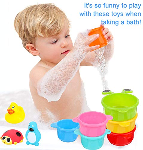 Joyoldelf - 19 juguetes de baño para bebé, red de juguetes de baño, pistola de agua, red de pesca, vasos apilables, juguete para bañera, piscina