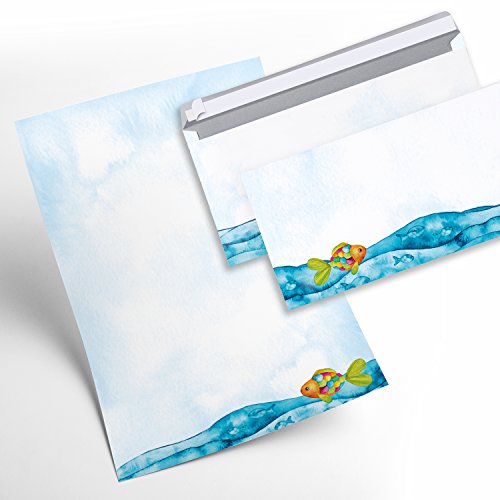 Juego de papel de carta para niños, 12 hojas + 10 sobres, diseño de peces arcoíris azul, turquesa, multicolor, para invitaciones, cumpleaños, comunión, bautizo, confirmación, agradecimiento