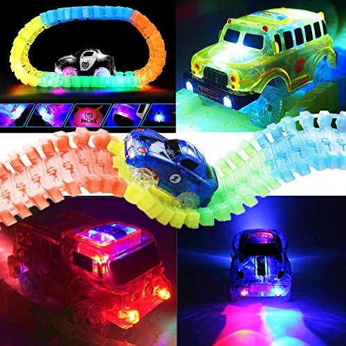 KaliningEU Magic Car (4 Pack) Light Up Track Race Car Toy, 5 Led Lights Coche de Carreras y School Bus y Police Cars y Coche de Bomberos Compatible con Pistas Magic Tracks