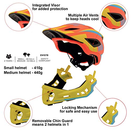 KIDDIMOTO - Casco Integral para Bicicleta, Patinete y Patinete con Protector de Barbilla Desmontable - tamaño pequeño (48-53cm) - Color Amarillo y Naranja