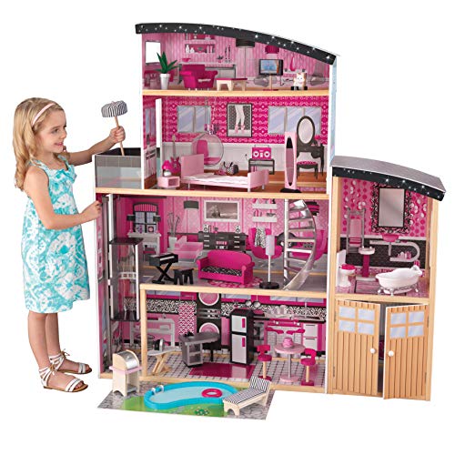 KidKraft- Sparkle Mansion Casa de muñecos de madera con muebles y accesorios incluidos, 3 pisos, para muñecos de 30 cm , Color Multicolor (65826)