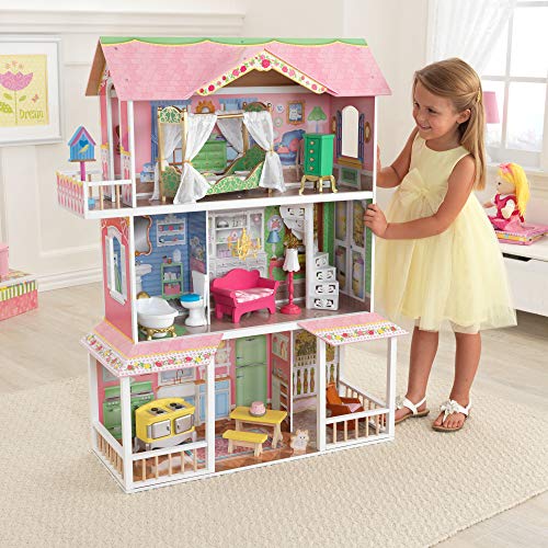 KidKraft- Sweet Savannah Casa de muñecos de madera con muebles y accesorios incluidos, 3 pisos, para muñecos de 30 cm (65851)