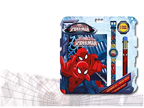 Kids Licensing |Reloj Digital Infantil + Bolígrafo + Diario Spiderman| Marvel | Reloj Infantil Spiderman | Set Papelería Bolígrafo 6 Colores + Diario | Reloj de Pulsera Infantil | Licencia Oficial