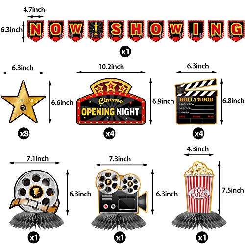 Kit de Decoración de Fiesta de Hollywood de 20 Piezas Banner Now Showing Centros de Mesa de Panal de Cine Recortes de Noche de Película para Fiesta de Noche de Cine