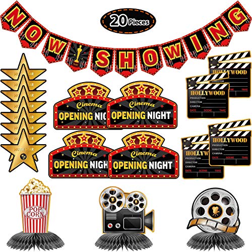Kit de Decoración de Fiesta de Hollywood de 20 Piezas Banner Now Showing Centros de Mesa de Panal de Cine Recortes de Noche de Película para Fiesta de Noche de Cine