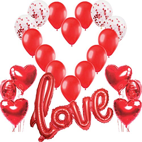 Kit Romántico de Globos, Globo Love XXL, 6 Globos Helio Corazón Rojo,4 Globos de Confeti,10 Globos de látex Decoración Romantica Día de San Valentín Bodas Nupcial Aniversario y Compromiso