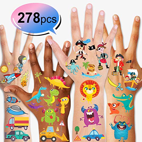 Konsait 278pcs Tatuajes temporales para niños, 6 Series Falsos Tatuajes para niños, Piratas, Monstruos, Animales, Espacio, Dinosaurios, Fiestas Infantiles cumpleaños niños Regalo Navidad piñata