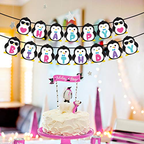 Kreatwow Suministros para Fiestas de cumpleaños de pingüinos - Penguin Happy Birthday Banner para Decoraciones de Fiestas Infantiles