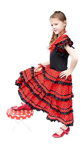 La Senorita - Disfraz de Flamenco español para niña/niños - Negro/Rojo (Talla 128 – 134 – Longitud 85 cm – 7 – 8 años, Multicolor) con Diadema Gratis