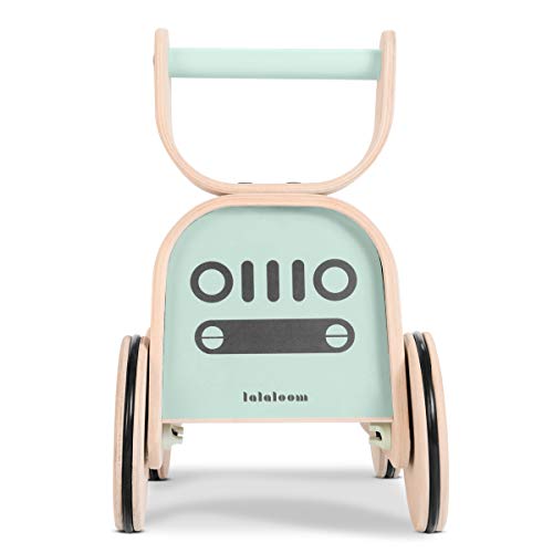 Lalaloom RACER - Andador para bebe de madera natural (diseño coche de carreras, correpasillos para equilibrio, juguete, caminador con ruedas), 47x23x37 cm, color Verde