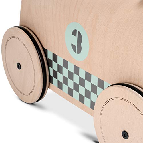 Lalaloom RACER - Andador para bebe de madera natural (diseño coche de carreras, correpasillos para equilibrio, juguete, caminador con ruedas), 47x23x37 cm, color Verde