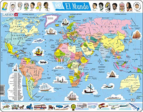 Larsen K1 El Mapa político Mundial, edición en Español, Puzzle de Marco con 107 Piezas