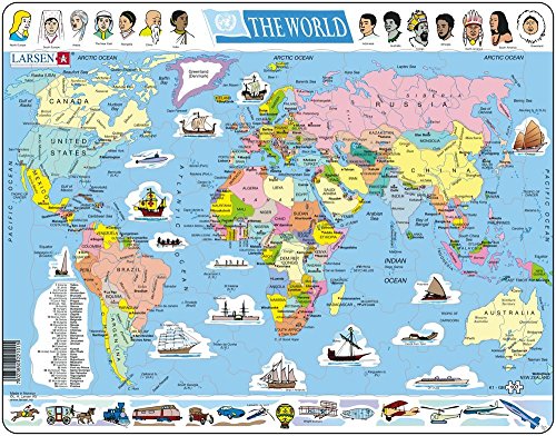 Larsen K1 El Mapa político Mundial, edición en Inglés, Puzzle de Marco con 107 Piezas