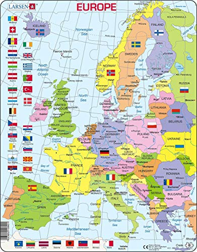 Larsen K2 Mapa político de Europa, edición en Inglés, Puzzle de Marco con 48 Piezas