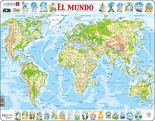 Larsen K4 El Mapa físico del Mundo, edición en Español, Puzzle de Marco con 80 Piezas