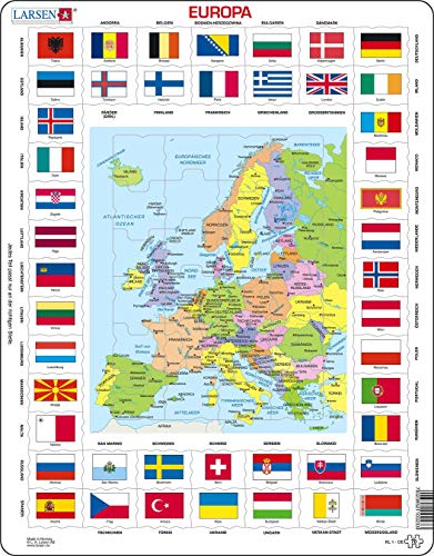 Larsen KL1 Banderas y Mapa político de Europa, edición en Alemán, Puzzle de Marco con 70 Piezas