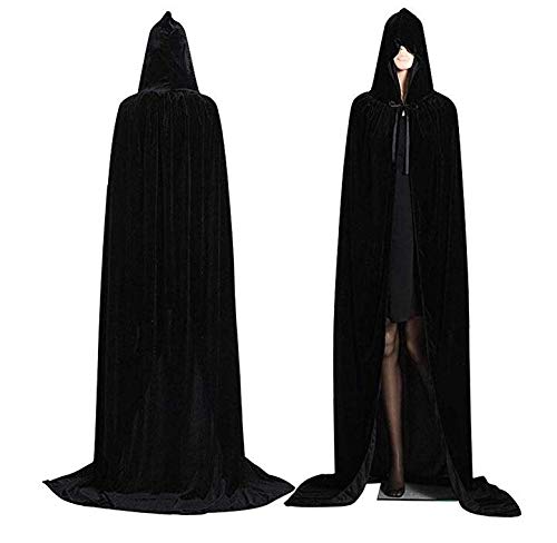 Lazzon Capa con Capucha Largo Negro Terciopelo Disfraz de Halloween Fiesta para Adulto Mujeres Hombres