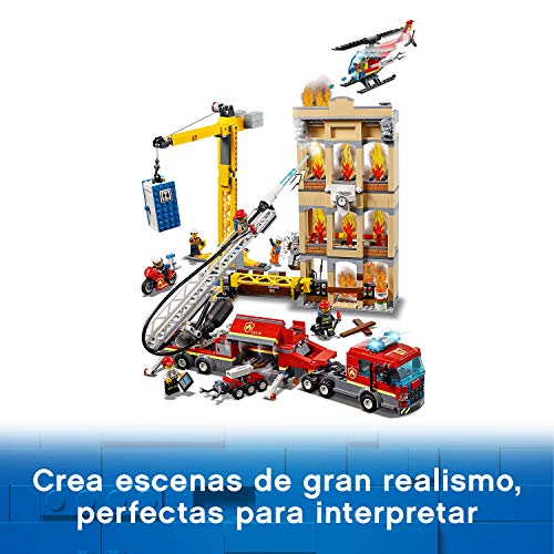 LEGO 60216 City Brigada de Bomberos del Distrito Centro incluye 7 figuritas Camión, Grúa, Edificio, Moto y Helicóptero