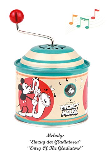 Lena Tin Toys 52766 Disney Mickey Mouse - Caja de música (10,5 x 7,5 cm, Lata con melodía de los gladiadores, Lata giratoria de Metal, para niños a Partir de 18 Meses), diseño de órgano