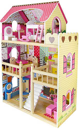 Leomark Casa de Muñecas de Madera - Bella Residencia - Equipo Completo, con muñecas, Excelente Calidad, Accesorios adicionales Color Rosa