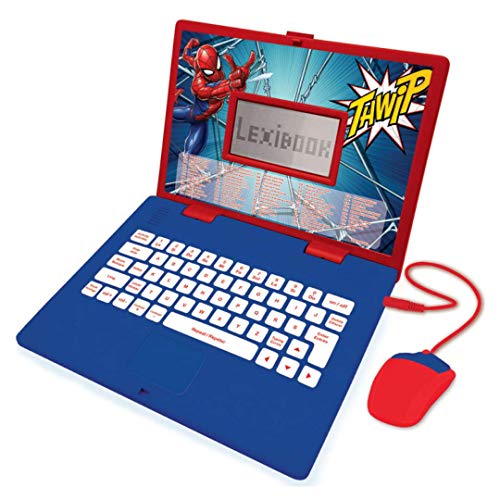 LEXIBOOK- Spider-Man - Ordenador portátil Educativo y bilingüe español/inglés - Juguete para niños con 124 Actividades para Aprender, Juegos y música - Azul/Rojo