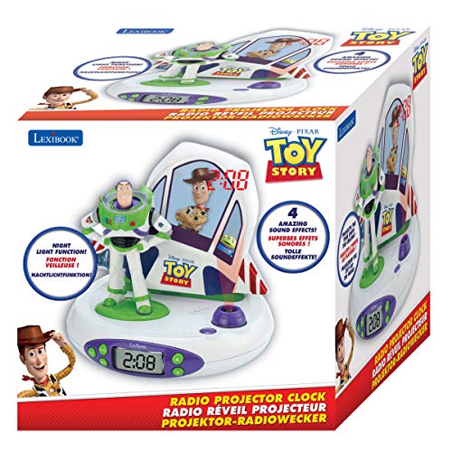 LEXIBOOK Toy Story, Disney Pixar-Radio Reloj Despertador con Buzz y Woody, proyección Luminosa de la Hora en el Techo, Efectos sonoros (RP505TS), Color Blanco/Verde