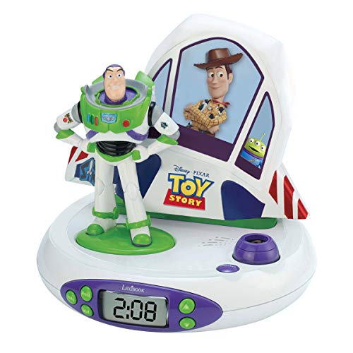 LEXIBOOK Toy Story, Disney Pixar-Radio Reloj Despertador con Buzz y Woody, proyección Luminosa de la Hora en el Techo, Efectos sonoros (RP505TS), Color Blanco/Verde