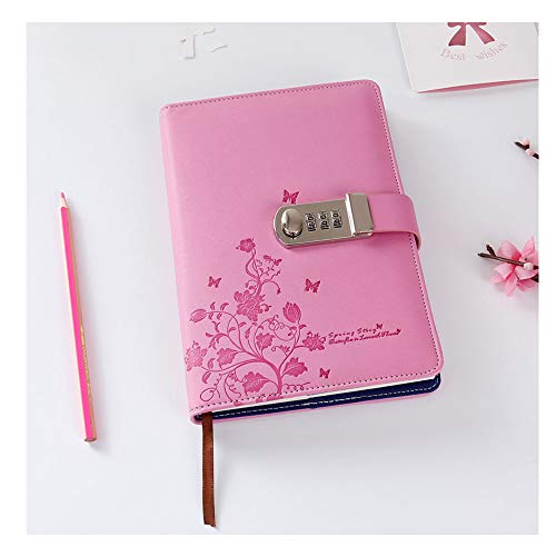 Lirener Recargable Cuaderno de Cuero PU Notebook Personal planificador Diario Organizador(Mariposa y Patrón de Flor), A5 Contraseña Bloc de Notas con Cerradura de combinación, 210x145mm