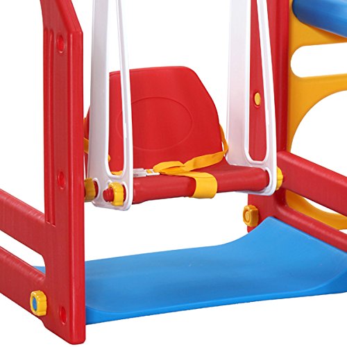LittleTom Casa de Juegos para niños y niñas de 1 a 6 años con Tobogán + Columpio + Paneles de Escalada 155x135cm para Interior y jardín Rojo Azul Amarillo