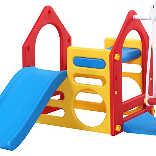LittleTom Casa de Juegos para niños y niñas de 1 a 6 años con Tobogán + Columpio + Paneles de Escalada 155x135cm para Interior y jardín Rojo Azul Amarillo
