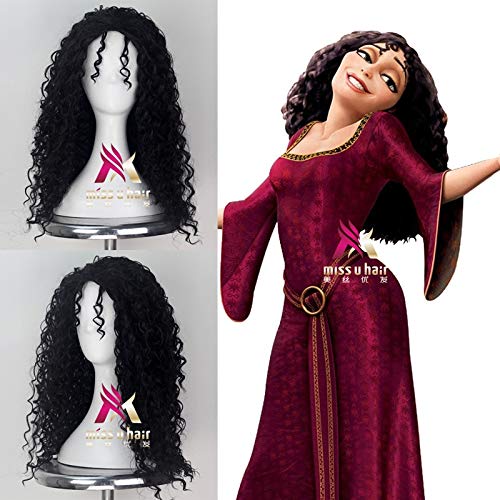 LJYNB Halloween mujeres   enredados madre Gothel peluca bruja Gothel juego de rol pelo ondulado negro Rapunzel madre peluca
