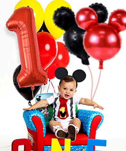 Los artículos de la fiesta de cumpleaños de Mickey 1º incluyen pancarta, globos número 1 y cintas para la oreja