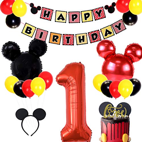 Los artículos de la fiesta de cumpleaños de Mickey 1º incluyen pancarta, globos número 1 y cintas para la oreja