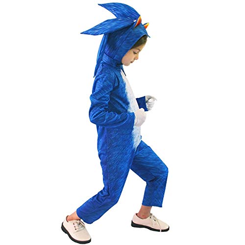 Lucky baby Niñas Niños DisfrazSonic Hedgehog Jumpsuit + Tocado + Guantes Traje de Lujo (Azul, 140-155cm / 9-11 años)