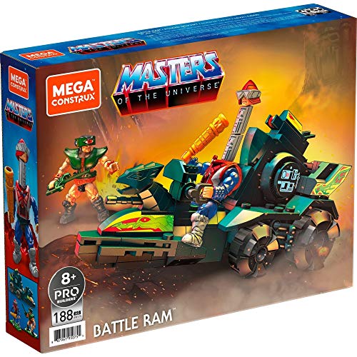 Mega Construx Másters del Universo Ram Batalla Figuras articuladas con coche de juguete de bloques de construcción para niños (Mattel GWY75)