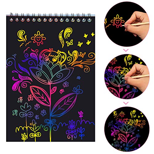 MELLIEX 2 Piezas Scratch Art Paper Notebook, Kit de Manualidades de Papel de Arte de Rascar para Niños Adultos con Regla de Dibujo y Plumas de Madera