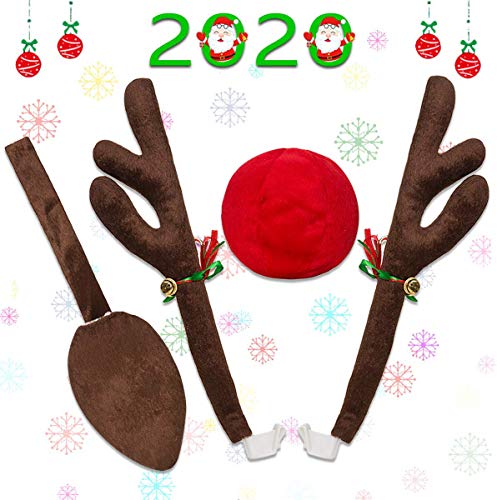 Minetom Cuernos de Reno para Coche Reno de Navidad para Coche Kit de Decoración de Cuernos de Reno Rudolf y Nariz Roja con Campanillas y Cola Decoración de Ventana de Coche para Navidad