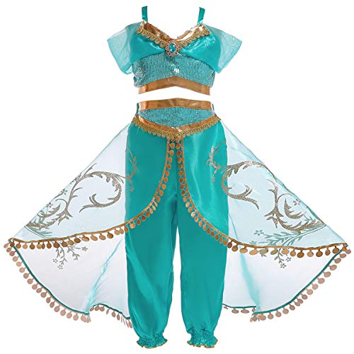 Monissy Niña Aladdin Princesa Jasmine Disfraz Tops Pantalones Manga Corta Traje Cosplay Actuación Carnaval Navidad Regalo Cumpleaños Danza Vientre Vestido de Princesa 3-10Años 110-150cm