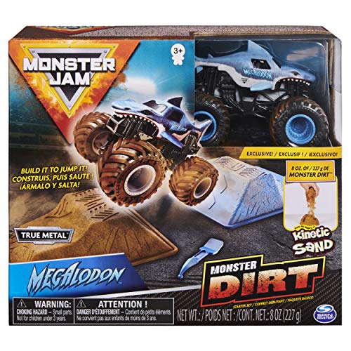 Monster Jam Starter Set, con 227 g de Monster Dirt y Auténtico camión de mermelada monstruo fundido a escala 1:64 (estilos varían), colores variados (Spin Master 6045198) , color/modelo surtido