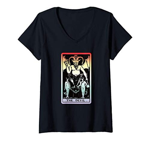 Mujer El Diablo Carta Tarot Bruja Adivino Brujería Psíquico Pastel Camiseta Cuello V