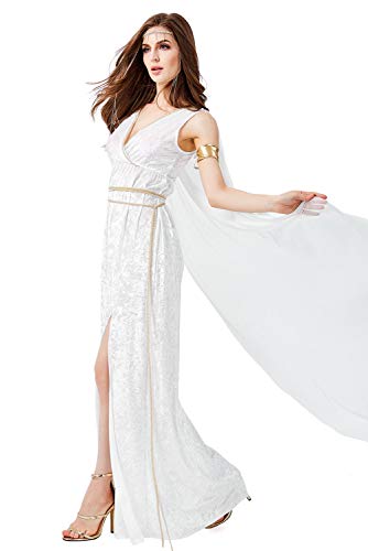 Mujer Halloween Vestido de Diosa Griega Disfraz de Atenea Cuello V Sin Mangas Romano Toga Olimpica Conjunto Completo, M