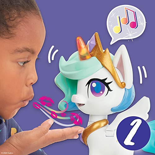 My Little Pony Magical Kiss Unicorn Princess Celestia, Figura interactiva de Unicornio con 3 sorpresas, Juguete Musical para niños Que se Mueve, se Ilumina