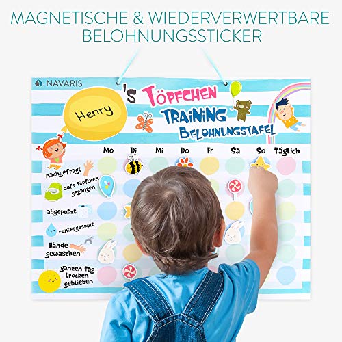 Navaris Tablero de recompensa para niños - Tabla de Entrenamiento para IR al baño con 48 Pegatinas de Premio con imán - con Calendario en alemán