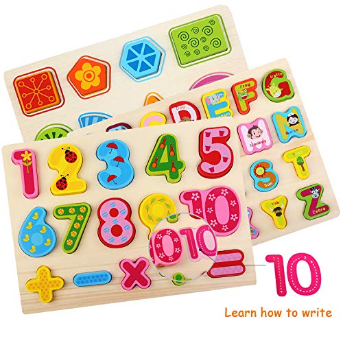 NEWSTYLE Juguetes de Madera Puzzles,3 In 1 Puzzle Madera Alfabeto Numero Forma Puzzle Rompecabezas de Madera Aprendizaje Juguetes Educativos para Niños,Regalo de Cumpleaños, Navidad